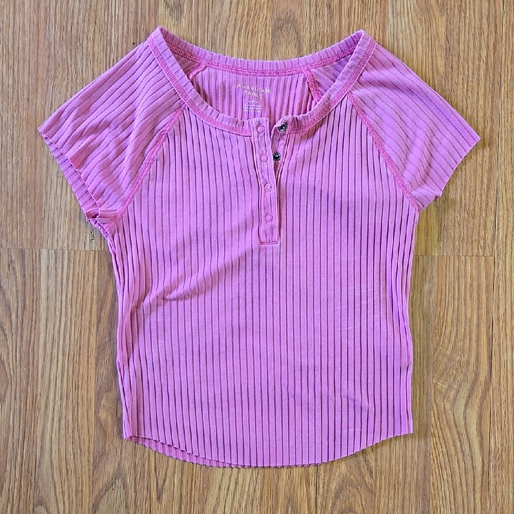 American Eagle Outfitters Pink Ribbed Short Sleeve Top